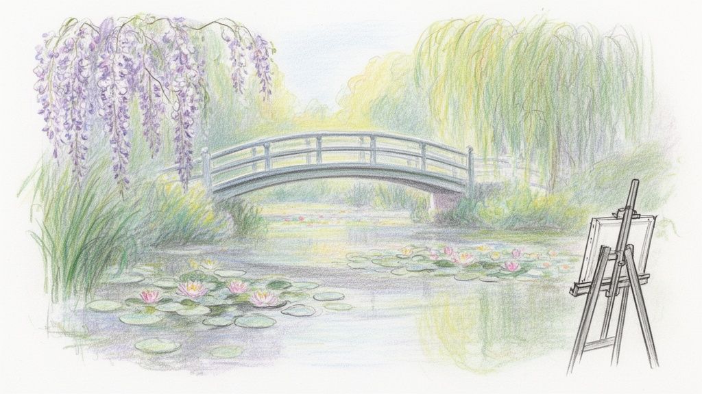 A drawing of a serene pond with water lilies, an arched bridge, wisteria, and an easel.