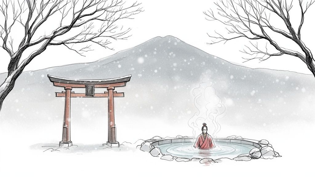 A person in a red robe bathing in a snowy Japanese hot spring with a torii gate and mountain.