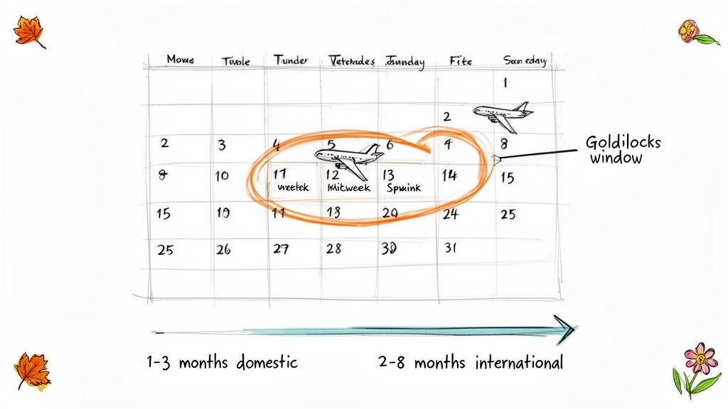 A hand-drawn calendar illustrating the Goldilocks window for booking flights, showing optimal domestic and international travel times.