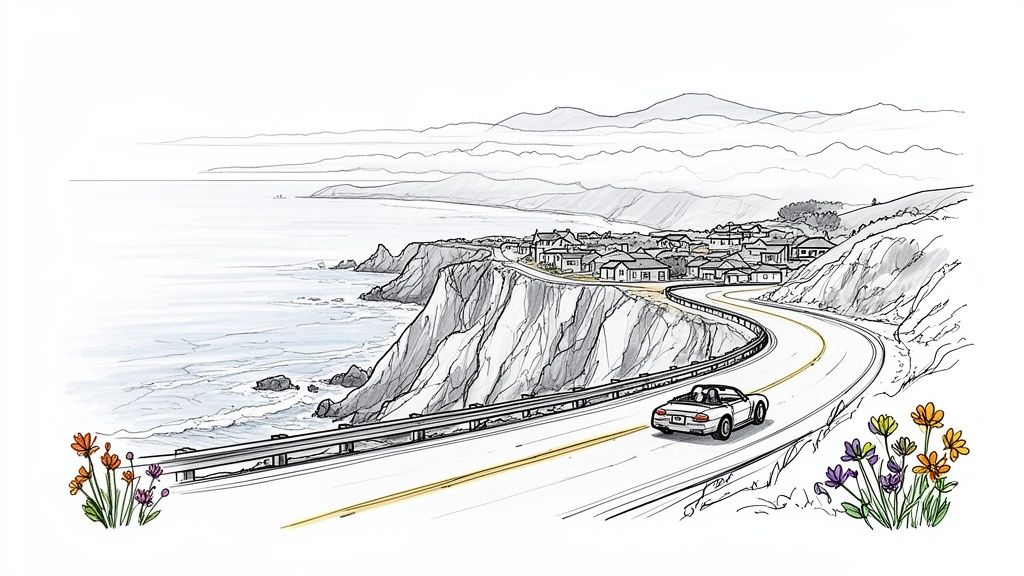 An illustration of a white convertible car driving on a scenic coastal road overlooking the ocean.