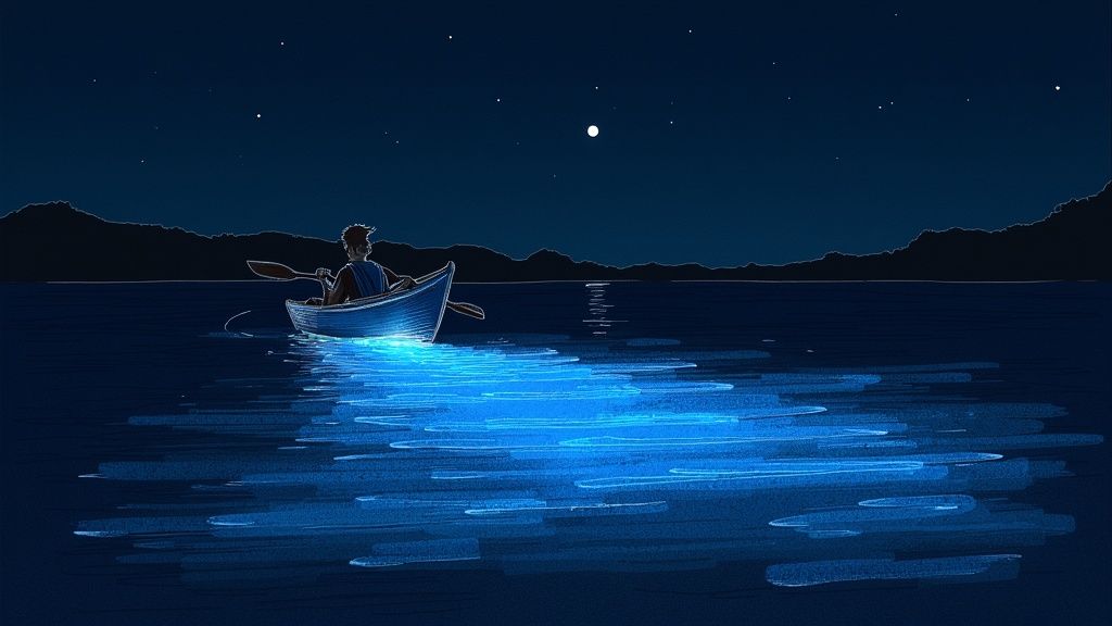A person paddles a small boat on a calm, bioluminescent lake under a starry night sky.