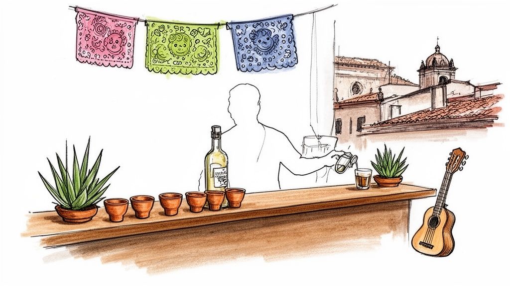 Watercolor sketch of a vibrant bar scene with colorful banners, agave plants, and a guitar.