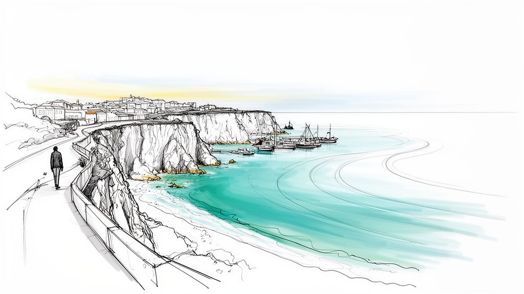 A vibrant sketch of a person walking on a coastal path, overlooking a turquoise sea with boats and cliffs.