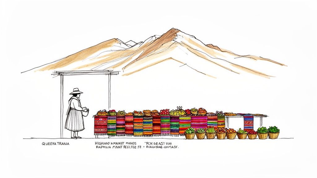 An illustration of a vibrant highland market stall with a vendor, colorful textiles, fresh produce, and mountains.
