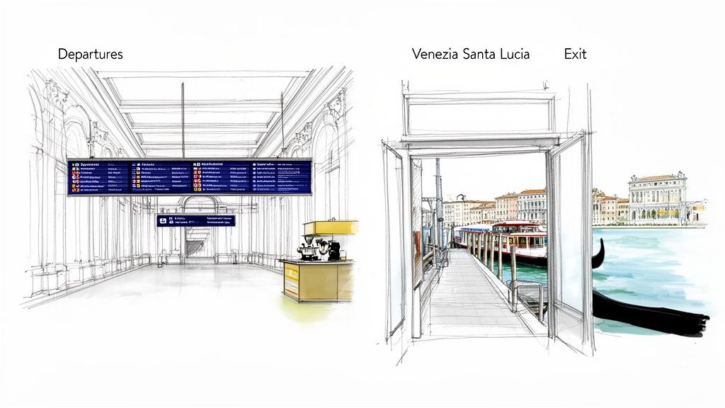 Illustrative sketch of a train station departures hall and an exit leading to a picturesque Venetian canal scene.