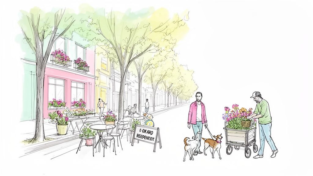 A lively watercolor sketch depicting an outdoor cafe, colorful buildings, people, dogs, and a flower vendor.