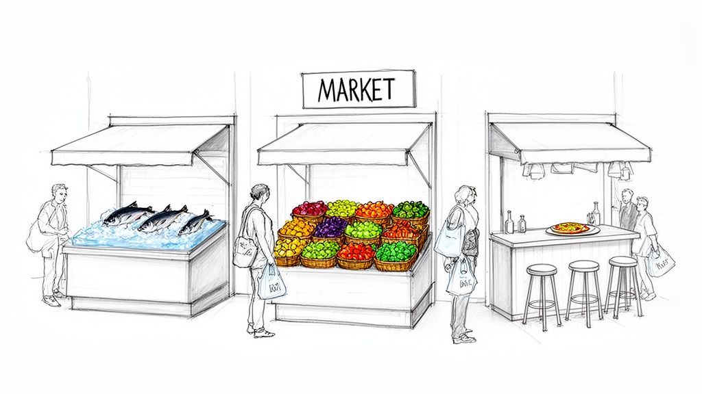 Illustration of a bustling market with stalls selling fresh fish, colorful fruits, vegetables, and a pizza bar.