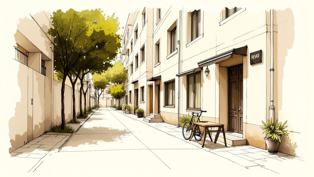 A quiet urban street scene illustration with buildings, trees, a bicycle, and a 'READ' sign.