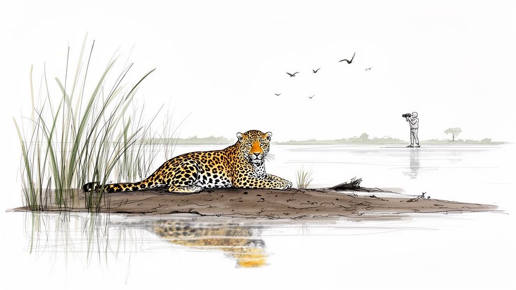 An illustration of a jaguar resting on a small island, with a photographer and birds nearby.