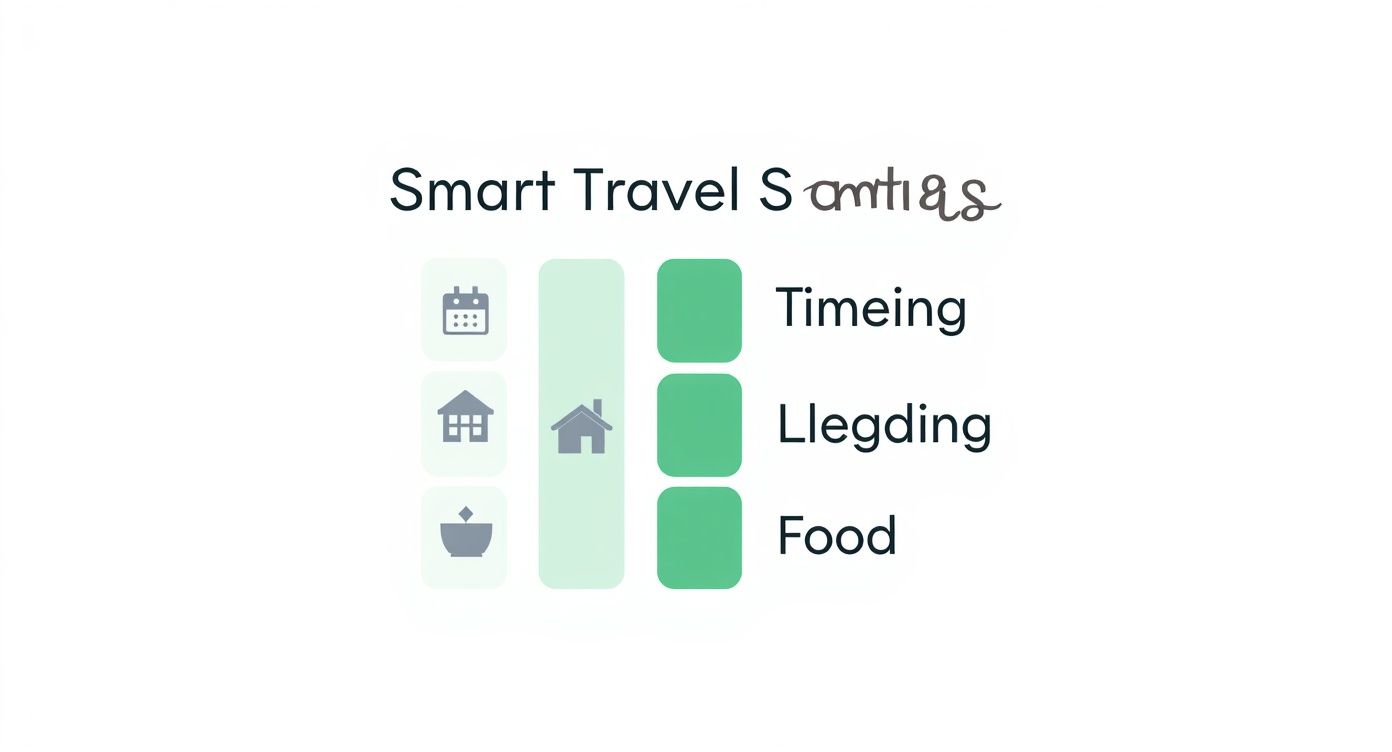 Infographic showing smart travel savings across timing, lodging, and food categories.