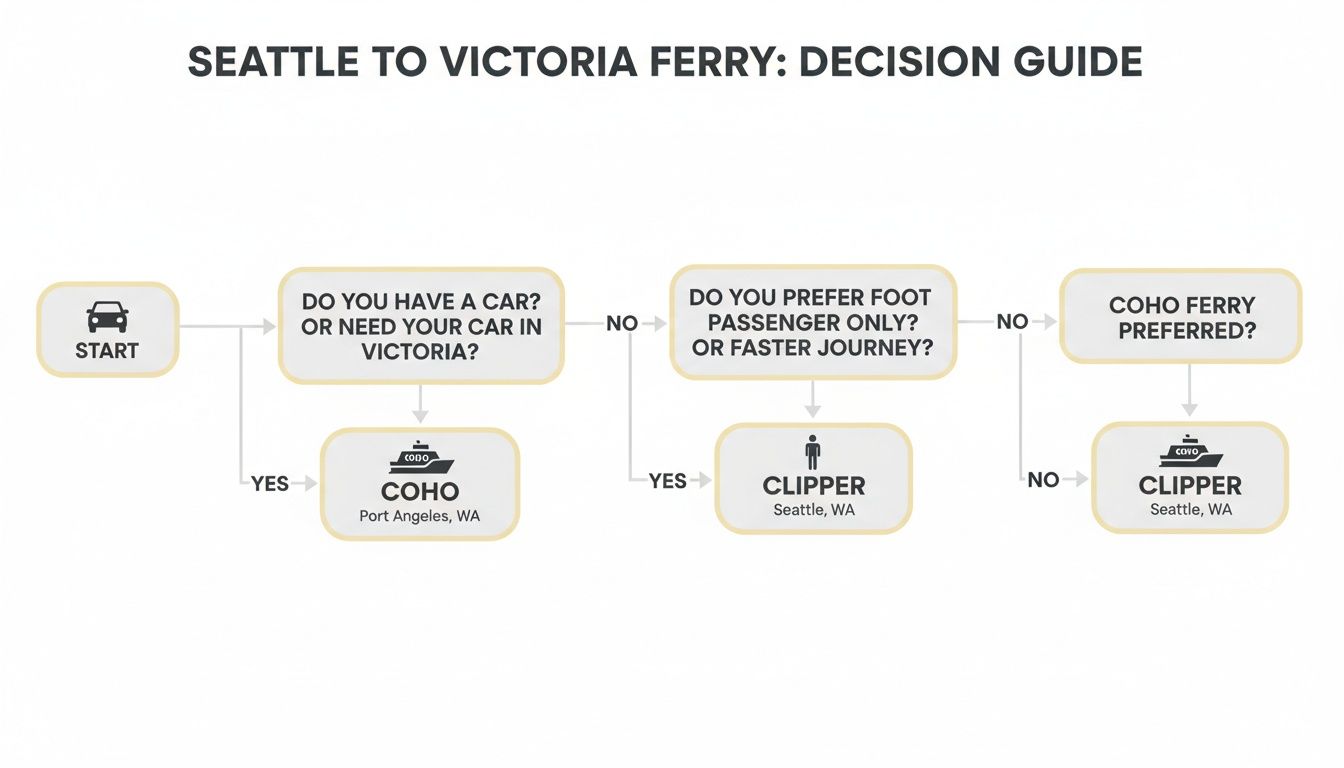A flowchart decision guide for Seattle to Victoria ferry options, detailing choices between Coho and Clipper.