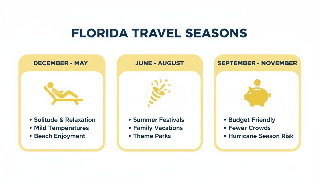 Infographic showing Florida travel seasons: December-May for relaxation, June-August for festivals, and September-November for budget travel.