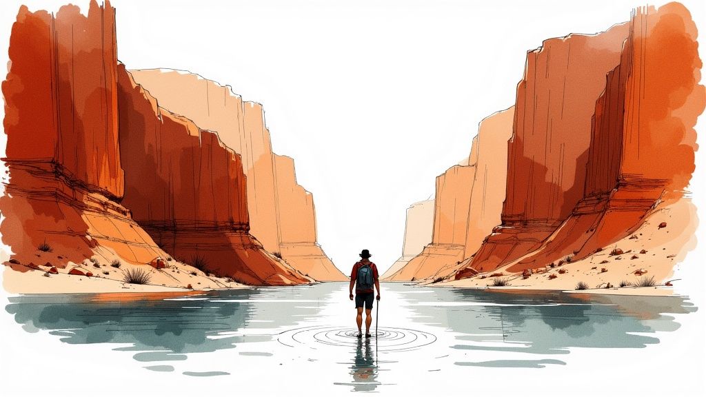 A lone hiker with a backpack wading through a river in a majestic canyon landscape.