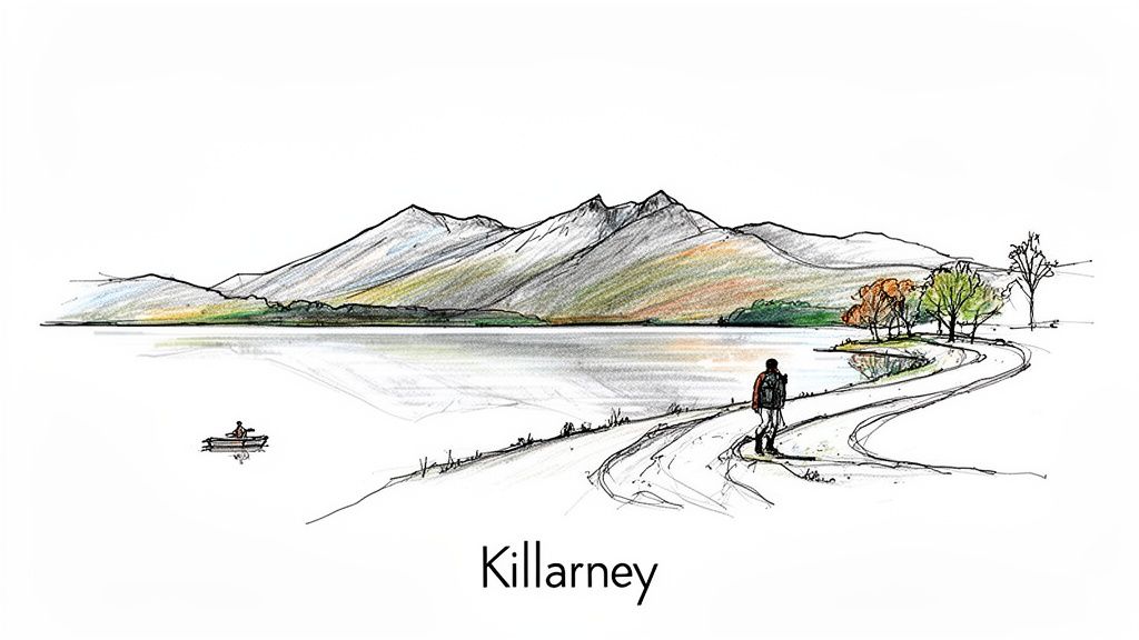 A colorful sketch of Killarney, Ireland, showing mountains, a lake, a hiker, and a boat.