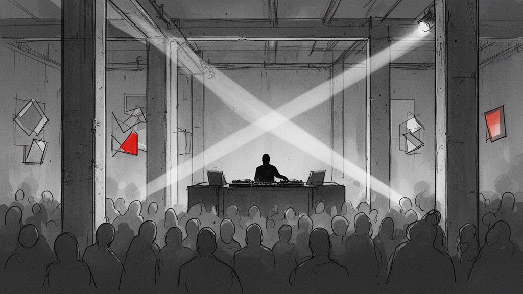 Grayscale drawing of a DJ performing for a silhouetted crowd in a club with spotlights.