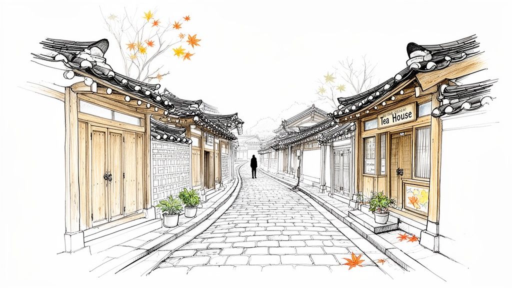 Ink and watercolor sketch of a traditional Korean village street with a person walking, and autumn leaves.
