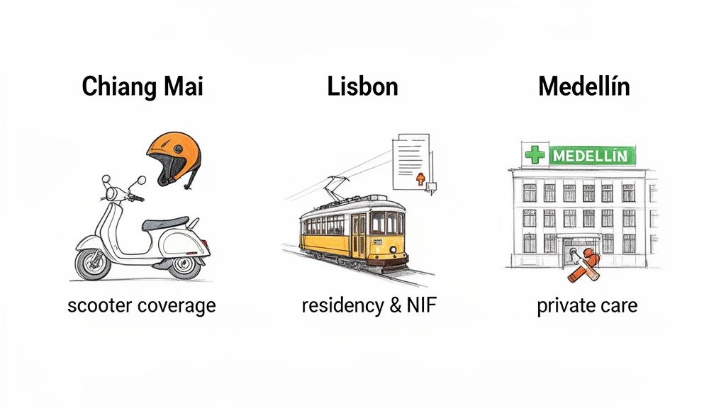 Illustrations showing digital nomad considerations: scooter coverage in Chiang Mai, residency in Lisbon, and private care in Medellín.