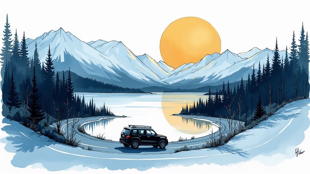 Scenic road winding through the Alaskan mountains with a car driving on it