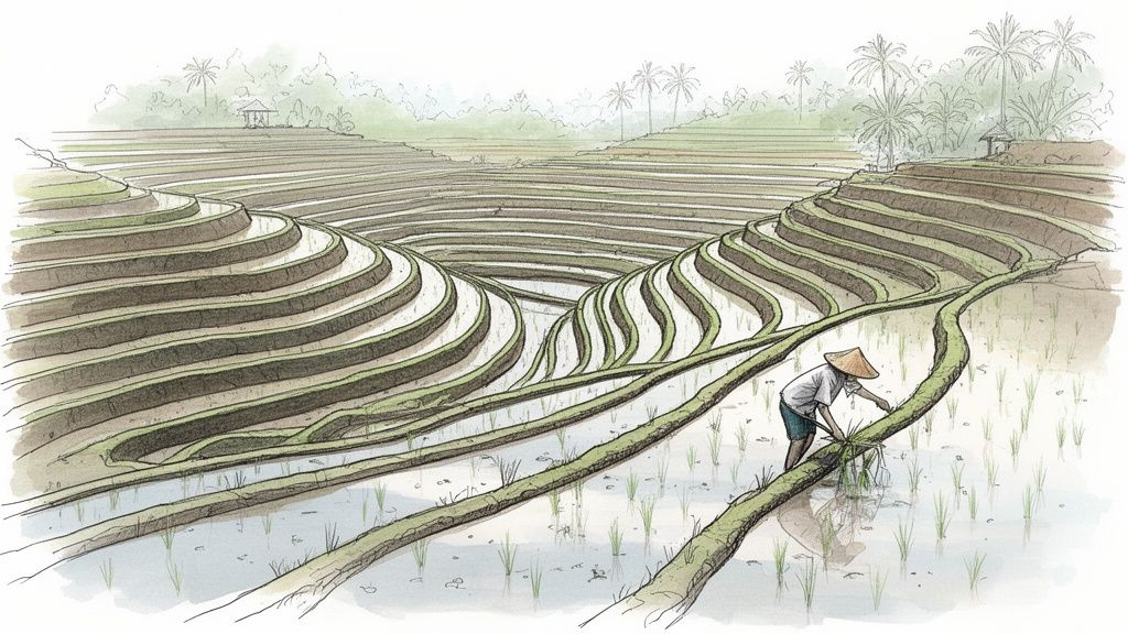 An illustration of a farmer in a conical hat working in a vibrant terraced rice paddy field.