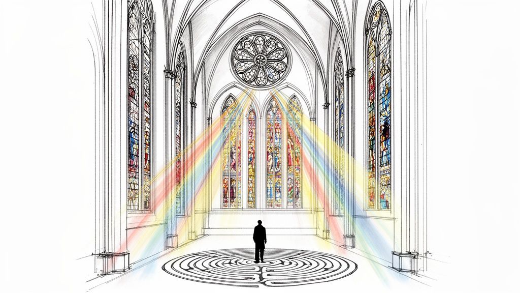 A person stands on a labyrinth in a grand cathedral, illuminated by colorful light from stained glass windows.