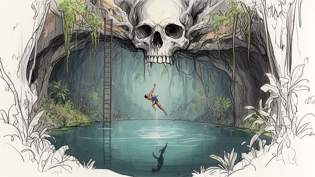 A person dives into a clear blue cenote within a cave, featuring a large skull formation above and a ladder.