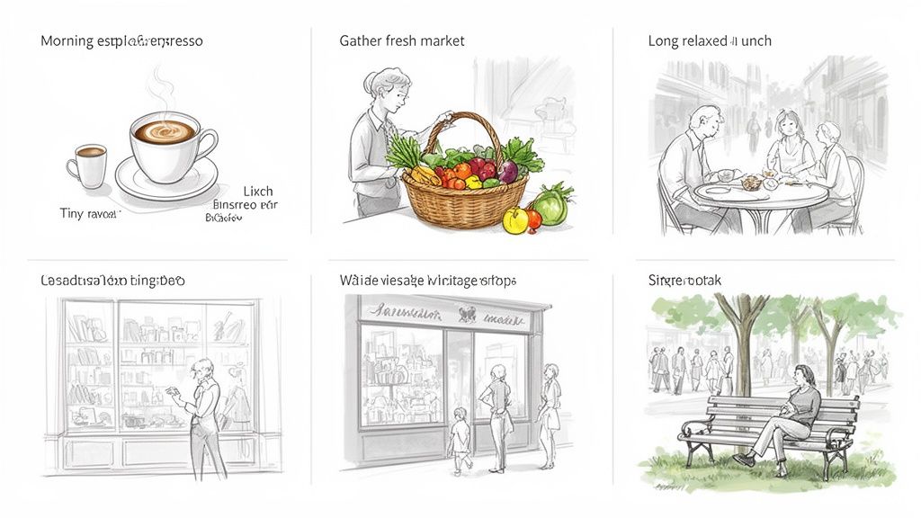 Collection of six illustrations showing leisurely activities like morning coffee, market visits, relaxed lunch, and park relaxation.