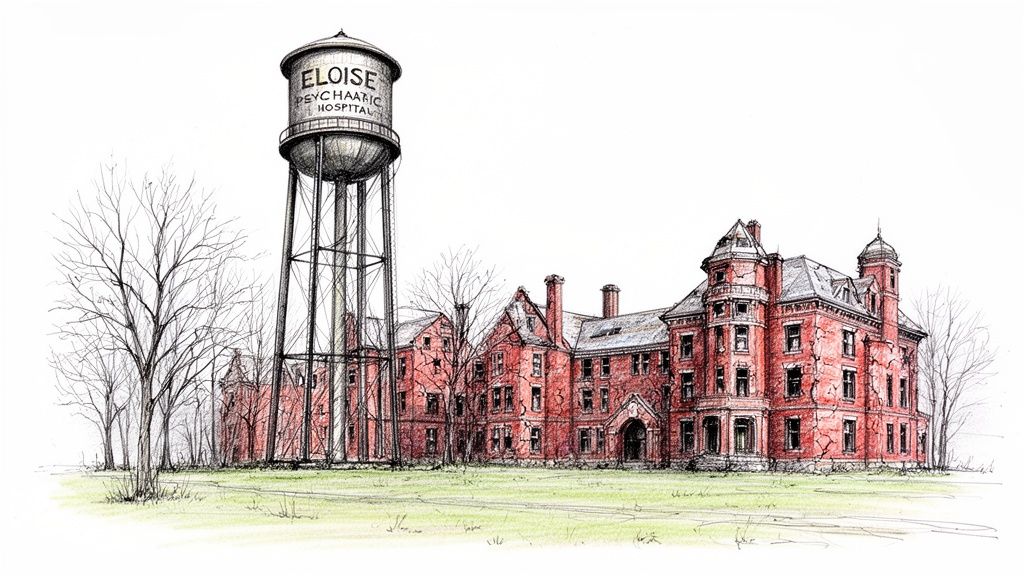 Detailed drawing of Eloise Psychiatric Hospital, a large red brick building with a prominent water tower and bare trees.