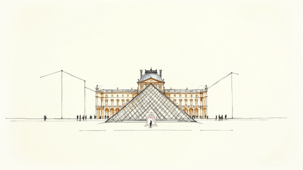 Elegant line drawing and watercolor wash of the Louvre Museum in Paris with its iconic pyramid.