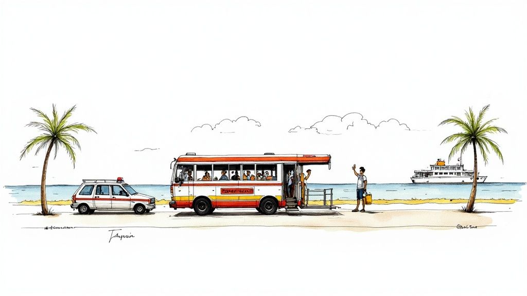 Watercolor illustration of a vibrant tropical beach with a bus, a car, palm trees, and a distant ferry.