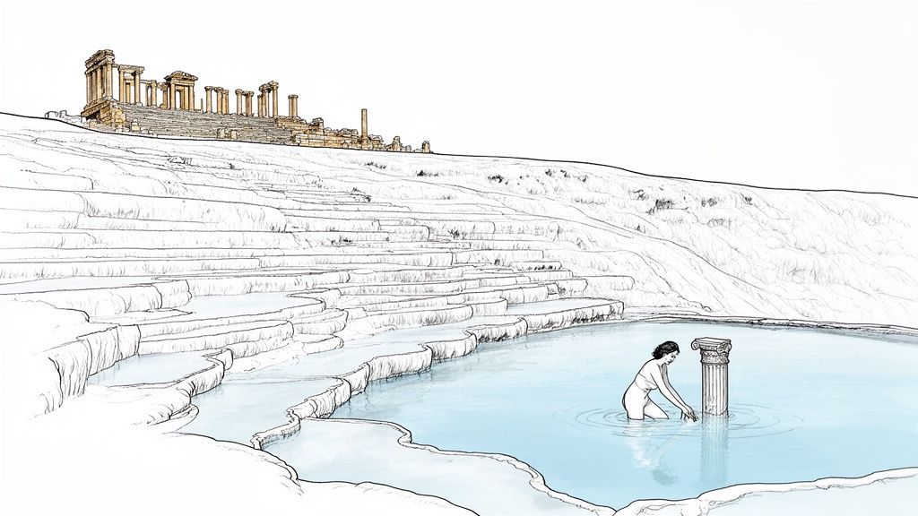 Illustration of Hierapolis ruins overlooking Pamukkale's white terraces and thermal pools with a woman bathing.