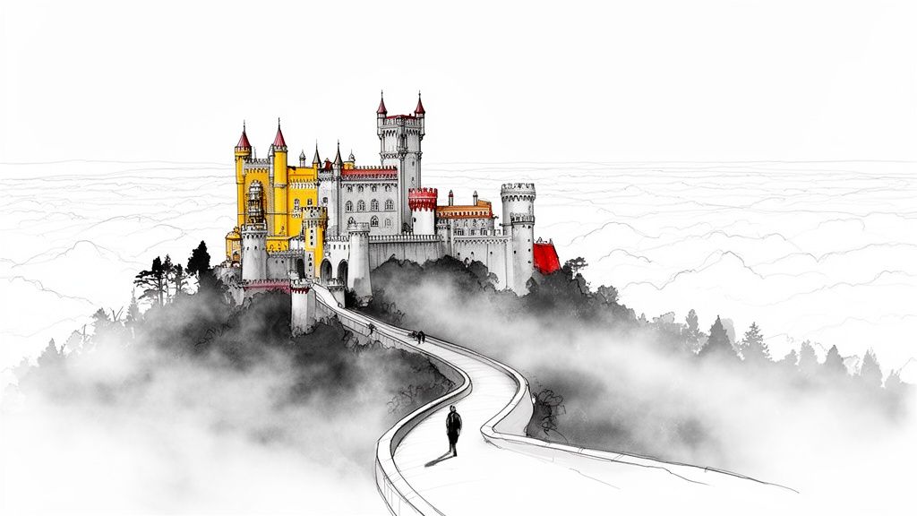 A majestic, colorful fantasy castle emerges from clouds on a mountaintop, with a winding path leading to it.
