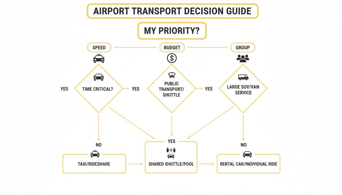 A flowchart guiding airport transport decisions based on priorities like speed, budget, or group size.