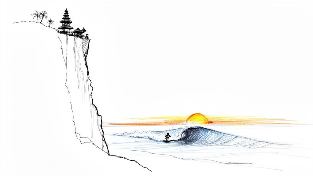 A detailed sketch showing a Balinese temple atop a cliff and a surfer riding an ocean wave at sunset.