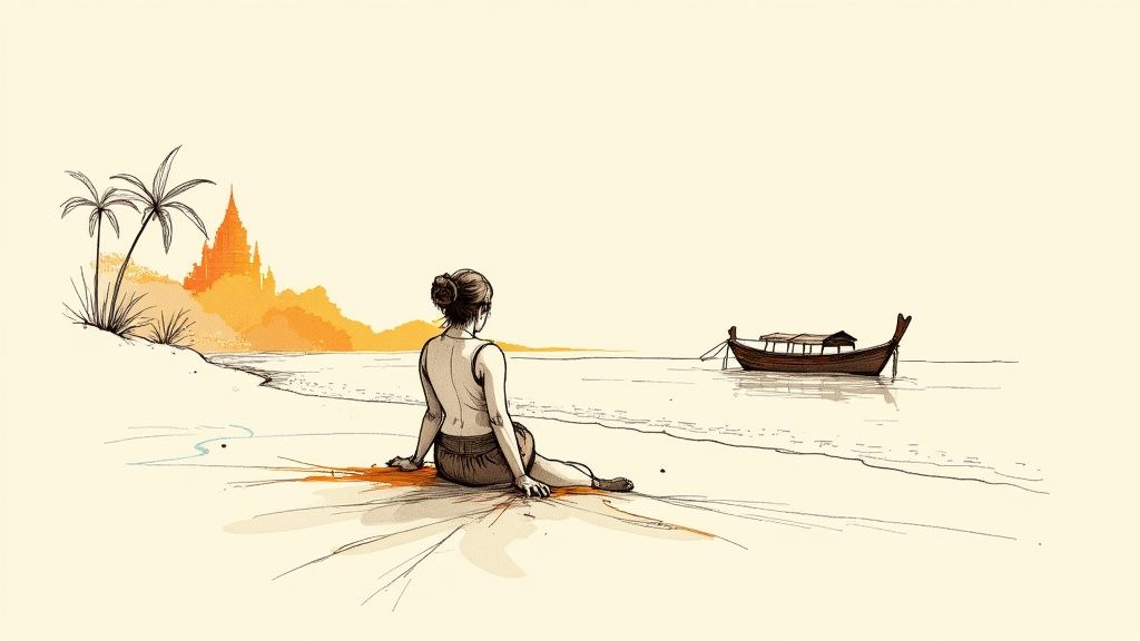 A woman sits on a serene beach, looking towards a traditional boat on the water, with distant pagodas.