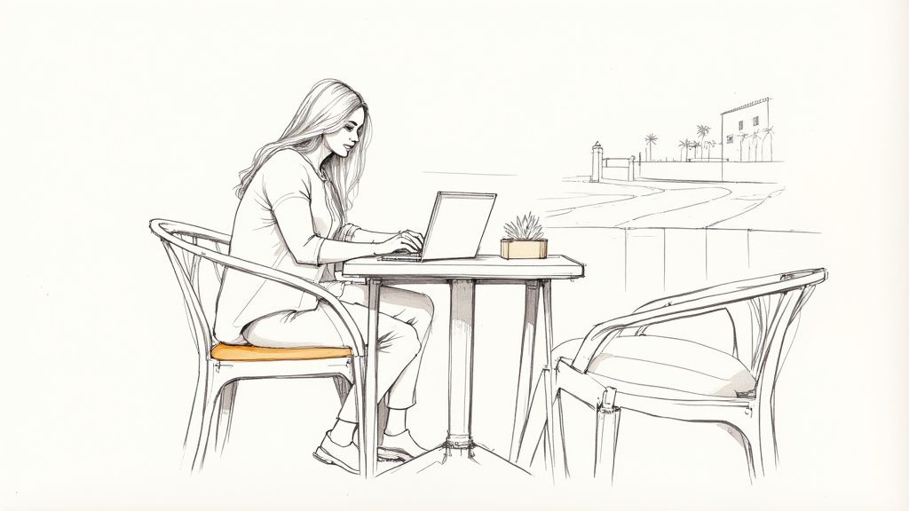 A person working on a laptop with a scenic mountain and lake view in the background.