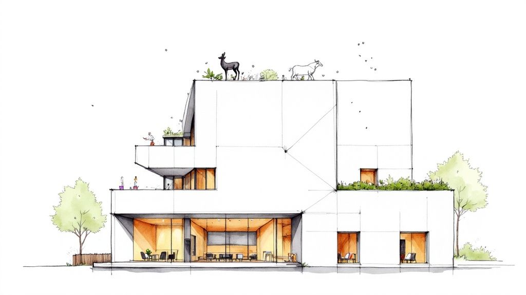 Detailed architectural sketch of a multi-level modern building with balconies, trees, people, and rooftop animals.