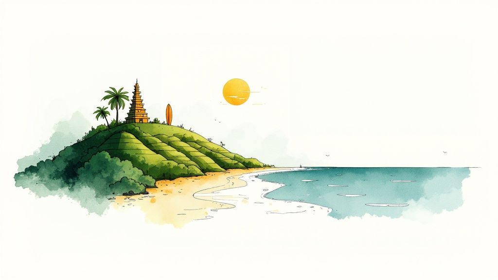 Watercolor illustration of a tropical beach with a temple, palm trees, surfboard, and sun.