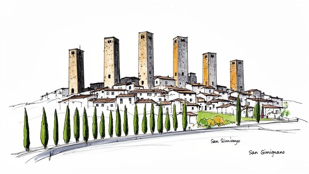 Sketch of San Gimignano, Italy, featuring its famous medieval towers, white houses, and cypress trees.