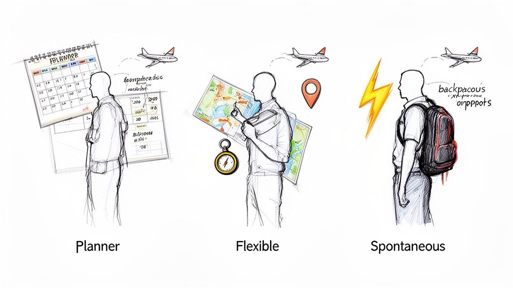 Illustration showing three distinct travel planning styles: planner with a calendar, flexible with a map, and spontaneous with a backpack.