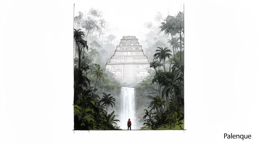Illustration of the ancient Palenque pyramid in a foggy jungle, with a waterfall and a person observing.