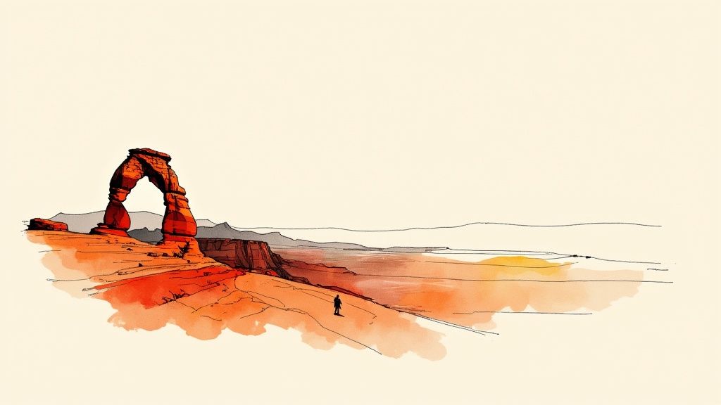 Watercolor illustration of Delicate Arch in Arches National Park with a lone hiker at sunset.