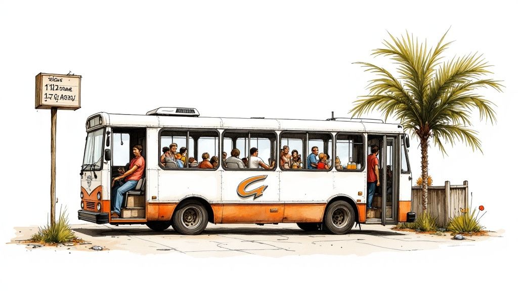 A bustling local bus, white and orange, parked at a stop with passengers, a sign, and a palm tree.