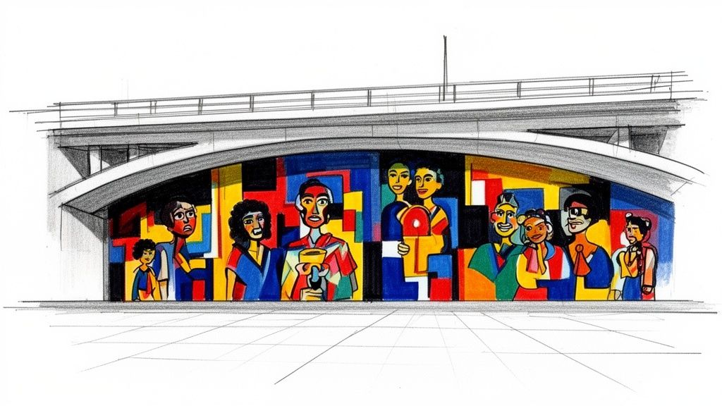 A vibrant, cubist-style mural featuring diverse people within a building's archway, full of color.