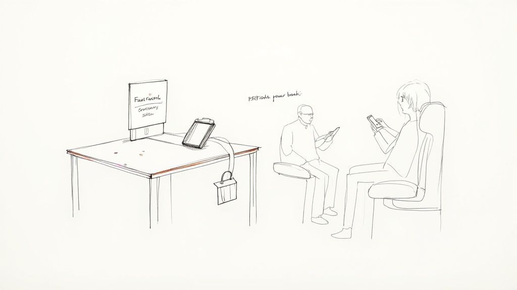 Sketch of a charging station with a portable power bank, and people using phones and tablets.