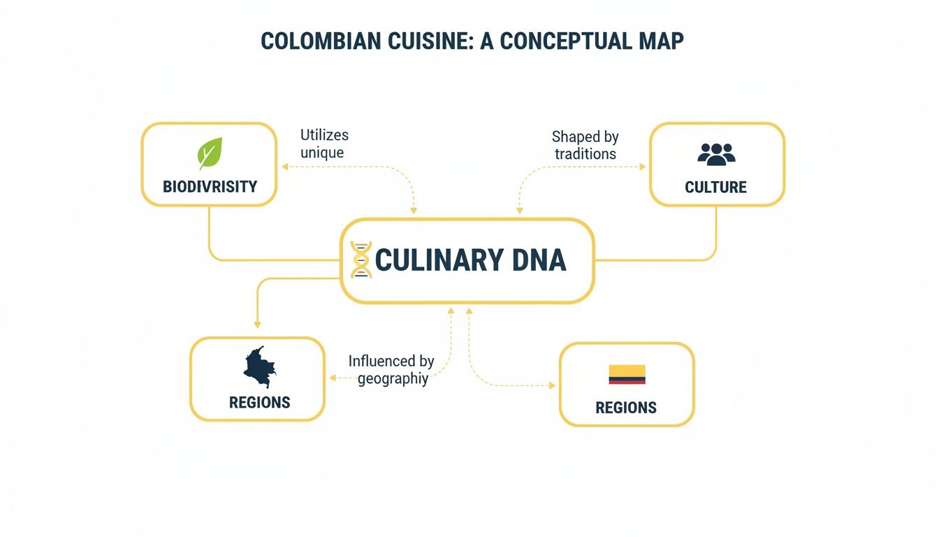 Conceptual map illustrating Colombian cuisine's culinary DNA, shaped by biodiversity, culture, and diverse regions.