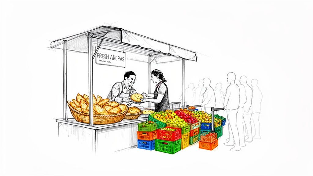 A vibrant illustration of a street market stall selling fresh arepas and colorful fruits, with people in line.