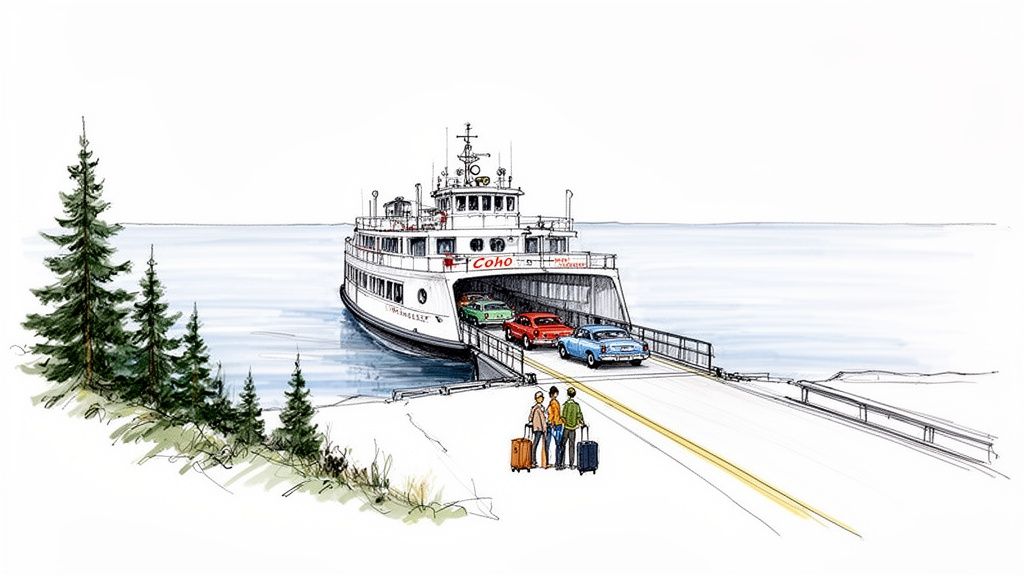 A watercolor illustration of the MV Coho ferry loading cars and passengers at a dock with pine trees.