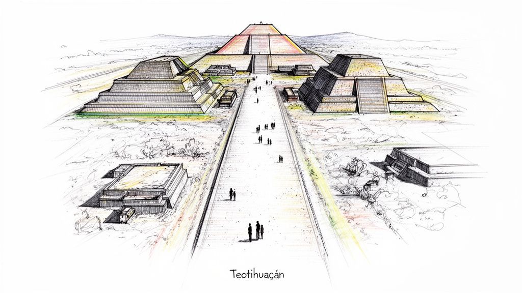 Detailed illustration of Teotihuacan ancient city, showing grand pyramids, a long avenue, and people.