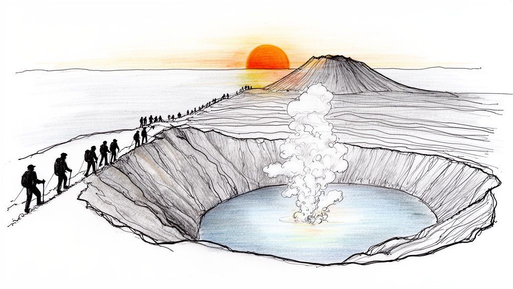Sketch of hikers walking along a ridge next to a steaming volcanic crater lake at sunset.