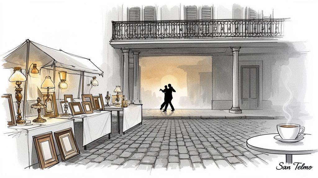 A charming sketch of a San Telmo street market with tango dancers and a coffee cup.